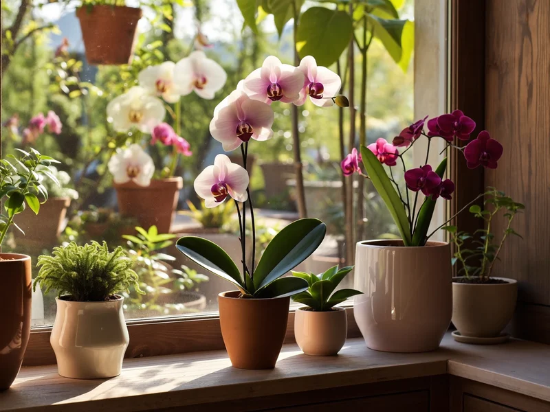Orchidées et petites plantes fleuries en pots de céramique sur une étagère en bois