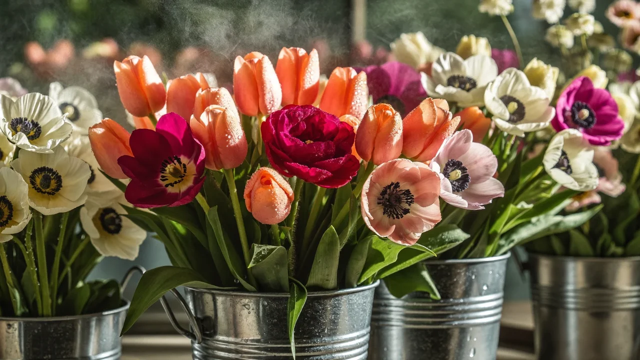Gros plan de tulipes et d'anémones fraîches dans des seaux en métal galvanisé couverts de gouttelettes