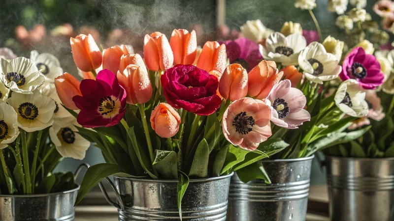 Gros plan de tulipes et d'anémones fraîches dans des seaux en métal galvanisé couverts de gouttelettes